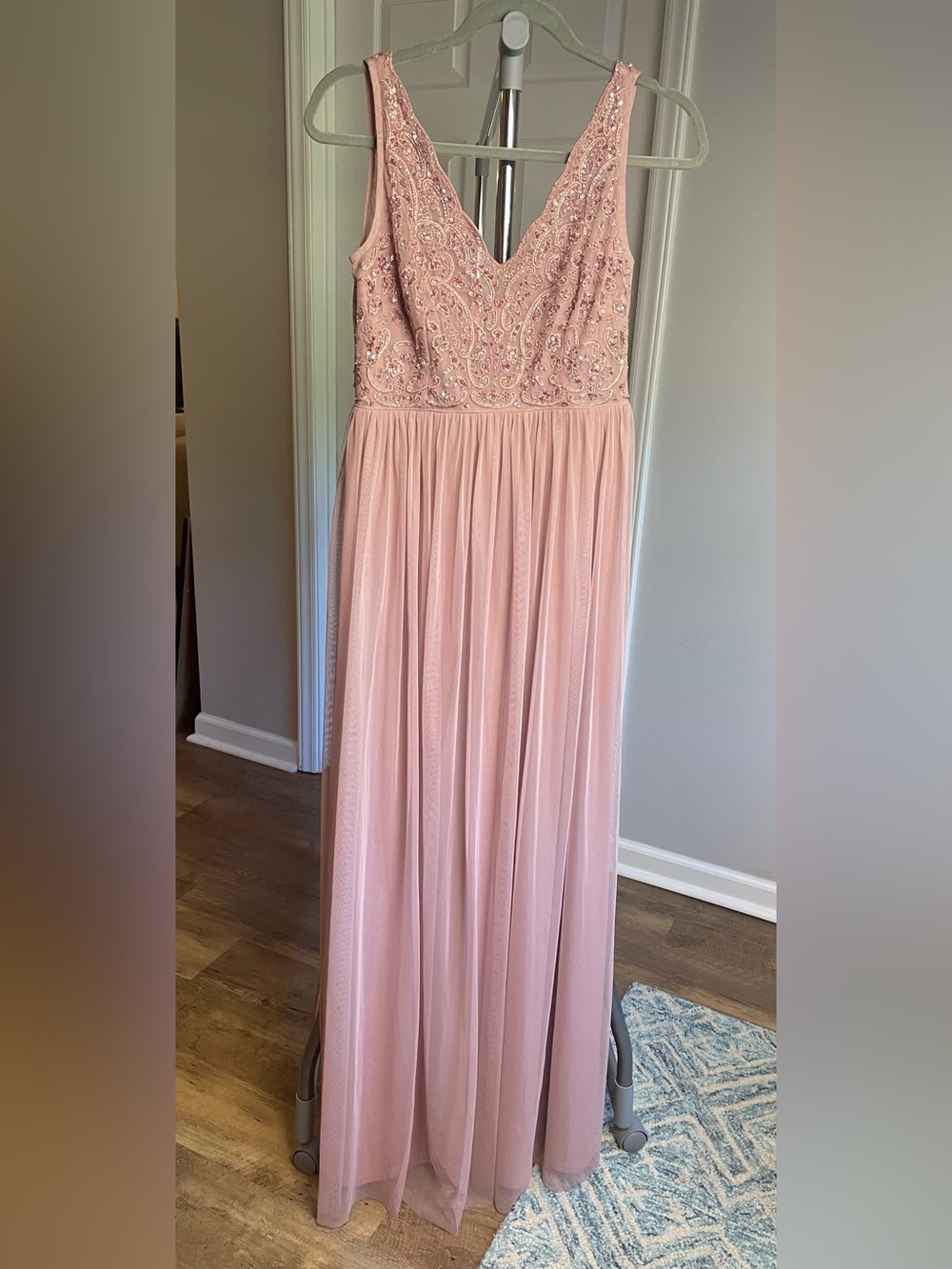 Adrianna Papell Pink Beaded V-Neck Maxi Gown
